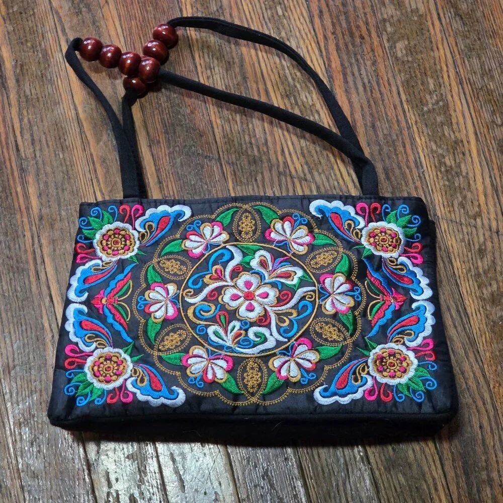 HandmadeβEmbroidered Boho Floral Shoulder Bag β Black Multicolorβ Beaded Strap